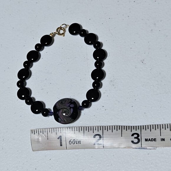 Elegant Boho Black Beaded Bracelet Swirled Purple Centerpiece Fashion Jewelry - Picture 4 of 4